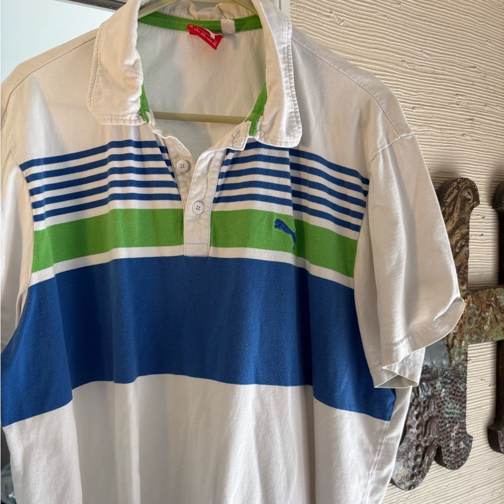 Puma White Polo with Blue and Green Stripes